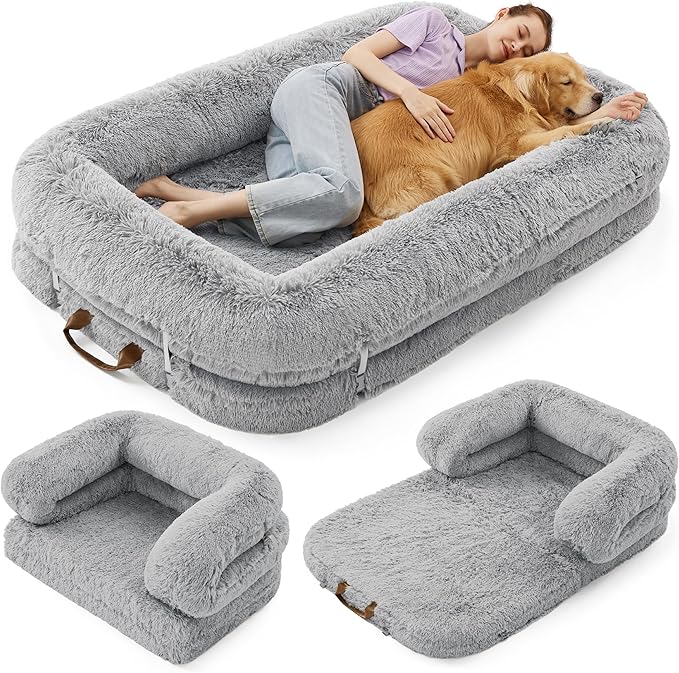 Luxury Warm Foldable 3-in-1 Human Dog Bed for Adults – Cozy Fluffy Faux Fur Lounge Sofa with Orthopedic Support
