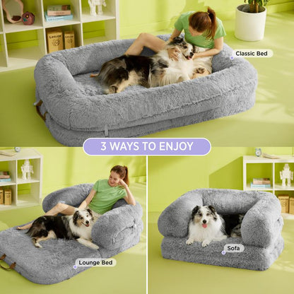 Luxury Warm Foldable 3-in-1 Human Dog Bed for Adults – Cozy Fluffy Faux Fur Lounge Sofa with Orthopedic Support