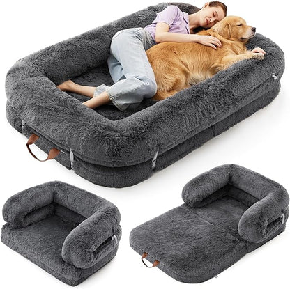 Luxury Warm Foldable 3-in-1 Human Dog Bed for Adults – Cozy Fluffy Faux Fur Lounge Sofa with Orthopedic Support