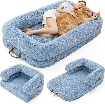 Luxury Warm Foldable 3-in-1 Human Dog Bed for Adults – Cozy Fluffy Faux Fur Lounge Sofa with Orthopedic Support